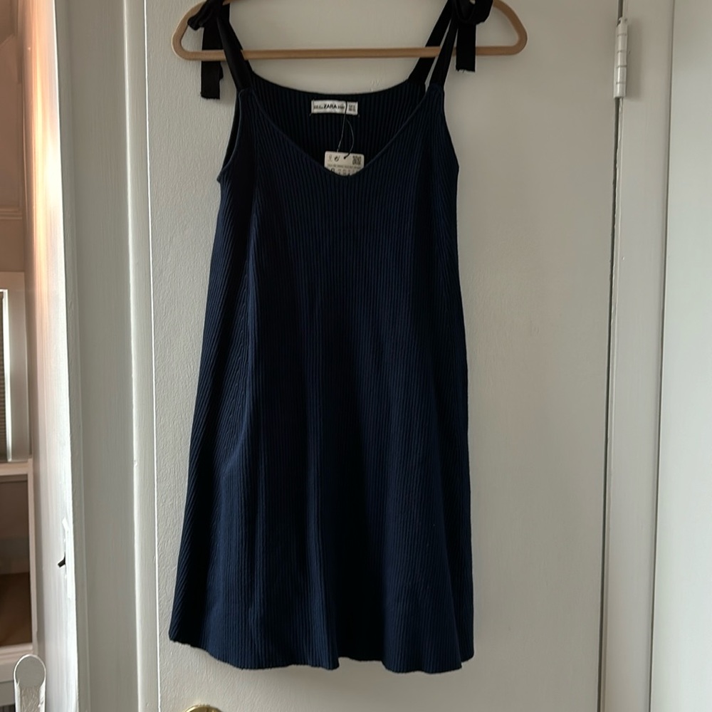 Zara Knit navy dress with black shoulder ties.